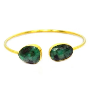925 STERLING SILVER CUFF BANGLE NATURAL GREEN EMERALD 16X12 MM. PEAR FREE SIZE - Picture 1 of 6