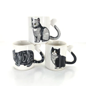 Japan 3 Keramik Katze Kaffeebecher Tassen mit Schwanzgriff bicolor, Smoking, Tabi gebraucht - Bild 1 von 22