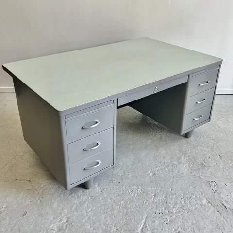 1960s Bentson Industrial Gray Metal Double Pedestal Tanker Desk Cover