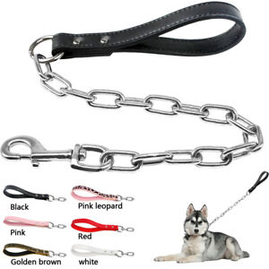 Heavy Duty Metal Dog Chain Lead with Leather Handle Strong Short Leash