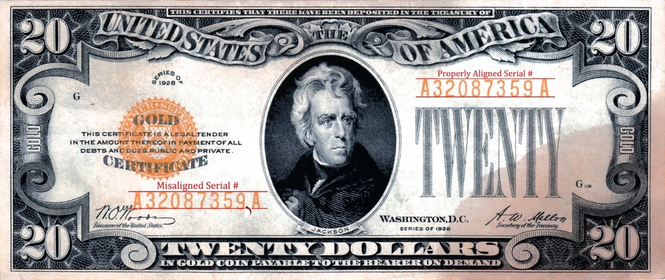 Fr, 2402 - 1928 UNCIRCULATED $20 GOLD CERTIFICATE - SERIAL # MISALIGNMENT ERROR - Image 1 of 4