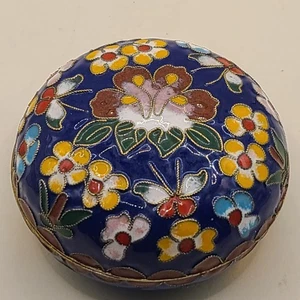 Schmuckkästchen aus Metall.  Cloisonne mit Deckel und Blumen in blauem Hintergrund. Goldfarben - Bild 1 von 8