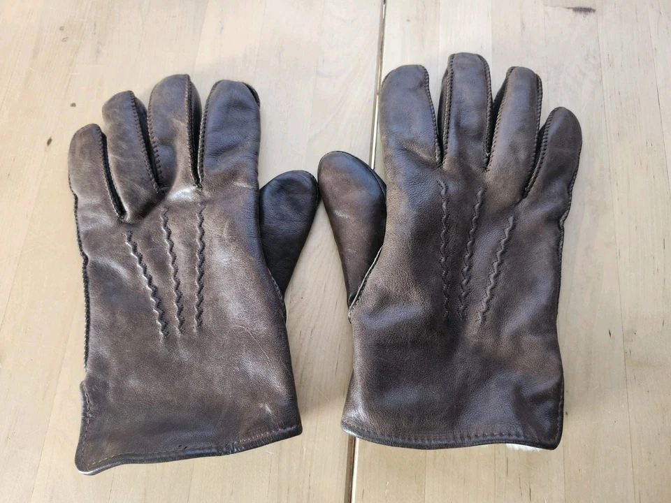 Men's Brown Leather Driving Gloves Faux Fur Lined, Soft and Very Warm Sz 10/10.5 - Image 1 of 4