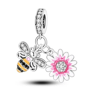 MULA European Bee Daisy Pendant DIY Charm CZ For Bracelet 925 Sterling Silver - Picture 1 of 6