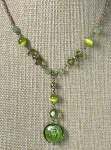 Green Mixed Glass & Acrylic Bead Y Drop Gold Tone Chain Link Necklace 150 - Picture 1 of 13