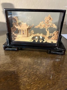 Vintage Chinese Cork Art Diorama Cranes Pagoda Trees Hand Carved in Glass Case - Picture 1 of 3