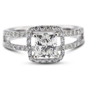 1.67ct D-SI1 Princess Natural Certified Diamonds 18k Gold Halo Side Stone Ring - Picture 1 of 10