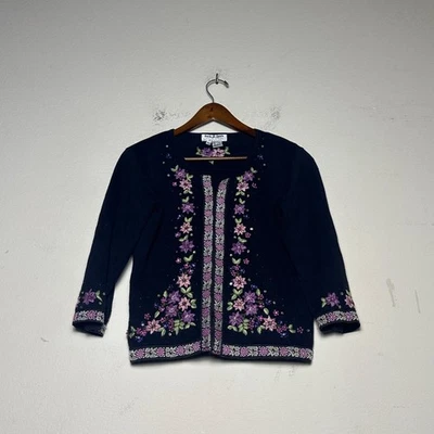 Cardigã feminino Jack B gancho rápido PS bordado padrão floral rosa rosas anos 90 - Imagem 1 de 4