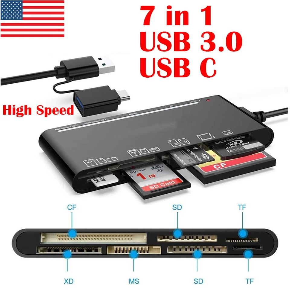 7-in-1 USB 3.0 USB C Memory Card Reader High Speed Adapter for Micro SD TF CF XD - Image 1 of 4