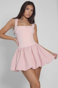 LEAU Bisou Bubble Knit Mini Dress Pink M (D1082) Square-Neck - Picture 1 of 5