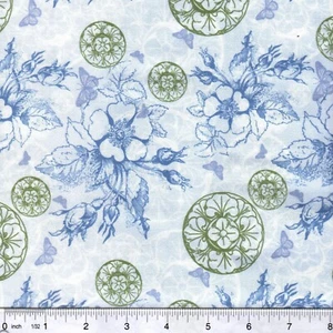 Chester Garden blaue Wildrosen & Blumenmünzen 100 % Baumwollstoff GRÖSSE WÄHLBAR - Bild 1 von 1