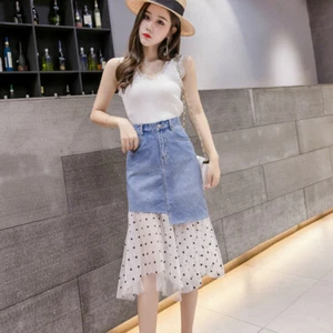 Lady Slim Polka Dot Mesh Denim Patchwork Skirt A Line Frill Tulle Fishtail Chic - Picture 1 of 11