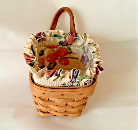 Longaberger Small Chive Leather Loop Hanging Baskets 2002 Liner Fruit Pattern Cover