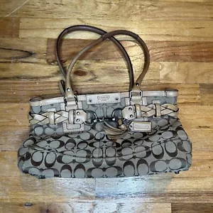 Coach Hampton Signature Brown/Tan Braided Satchel Hand Bag Purse Logo Pattern - Picture 1 of 11