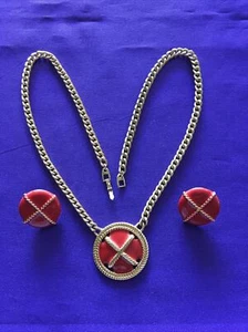 VTG Napier Red Enamel Round Gold Tone Chain Necklace & Earrings Set - Picture 1 of 6