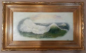"Pintura original al óleo sobre lienzo de paisaje marino firmada como ""apuestas"" 13"" x 25" - Imagen 1 de 3