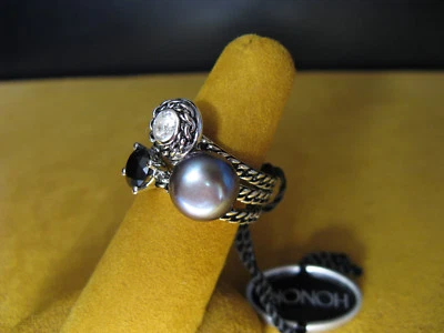 JUEGO DE ANILLOS PILA PERLA HONORA TOPACIO BLANCO ÓNIX NEGRO TALLA 7 PLATA SS CUERDA Regalo Foto 1 de 4