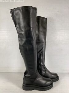 Ego Womens Black Leather Round Toe Pull On Block Heel Over The Knee Boots Size 9