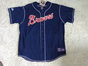 VINTAGE MLB Atlanta Braves Cooperstown Jersey Old School All Sewn  Majestic Blue - Picture 1 of 4
