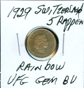 1929 SWITZERLAND 5 RAPPEN ULTRA FINEST GEM BU RAINBOW . - Picture 1 of 2