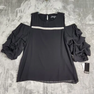 Badgley Mischka Womens Blouse L Black Rhinestone Cold Shoulder Evening Party NEW - Picture 1 of 9