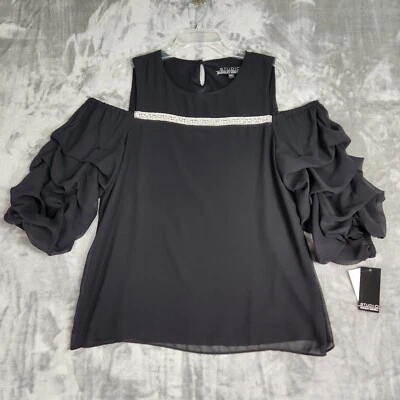Badgley Mischka Womens Blouse L Black Rhinestone Cold Shoulder Evening Party NEW - Image 1 of 4
