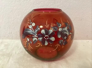 Vintage Handpainted Bohemian Glass Vase Round Cranberry Glass w/Floral Fast Ship - Picture 1 of 8