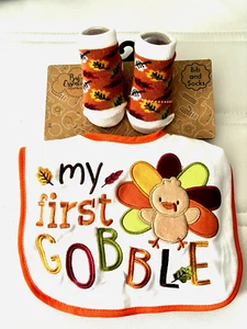 Infants My First Thanksgiving GOBBLE Bib & Sock Set 0-6 Months NWT FREE SHIP - Picture 1 of 6