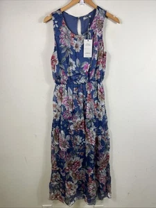 Lara G Womens Floral Silk Blend Blouson Maxi Dress Size L Blue Pink Lightweight - Picture 1 of 4