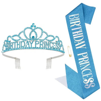 Conjunto de corona y faja de princesa de cumpleaños azul, decoraciones de cumpleaños para niñas princesa B Foto 1 de 4