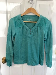 Eddie Bauer Women's Vintage Green Y2K Lace detail Teal Button Henley - Picture 1 of 4