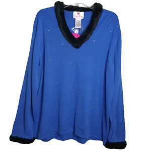 Quacker Factory Blue Pullover Sweater Womens XL Faux Fur Trim Rhinestone Tunic - Picture 1 of 16