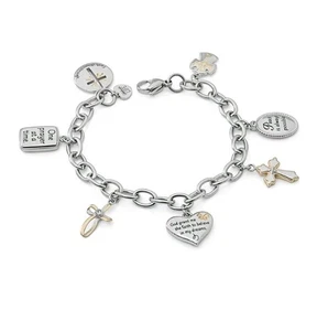 Punze Damen Edelstahl Glaube Multi Charm Silberfarben Panzerarmband - Bild 1 von 11