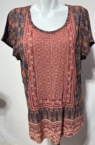 Neu Lucky Brand Terrakotta Rot Blumen XL Top Tunika Shirt Neu mit Etikett Kurzarm - Bild 1 von 7