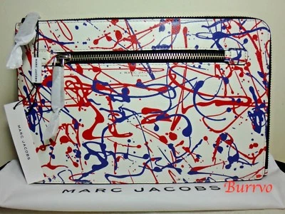 NUEVO CON ETIQUETAS Marc By Marc Jacobs Pintura Salpicaduras Cuero LG Cremallera Golpe, Blanco Multi Foto 1 de 4