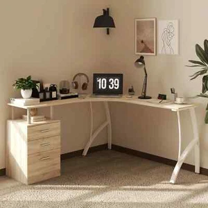 L Shaped Desk Industrial Office Corner Computer Table File Cabinet Workstation - Picture 1 of 11