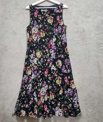 Chaps A-Line Dress Womens 16 Multi Black Floral Boat Neck Sleeveless Cottagecore - Image 1 of 4