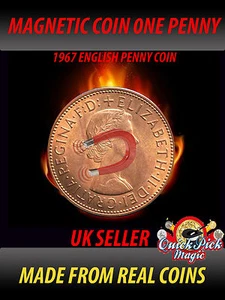 STRONG MAGNETIC 1967 ENGLISH ONE PENNY MAGNETIC COIN MAGIC VINTAGE 1P COIN MAGIC - Picture 1 of 1