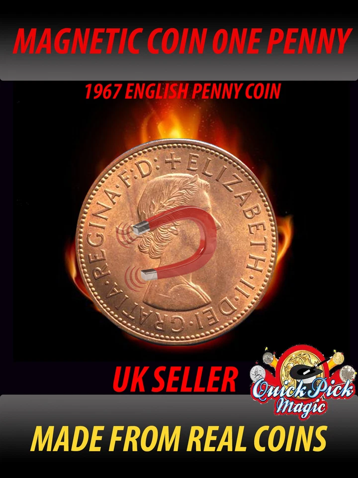 STRONG MAGNETIC 1967 ENGLISH ONE PENNY MAGNETIC COIN MAGIC VINTAGE 1P COIN MAGIC - Image 1 of 1
