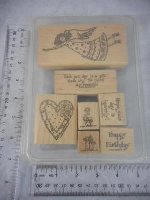 Estampillas de goma Stampin' Up Heavenly Days 7 montaje en madera 2004 ángel cumpleaños corazón 4 Foto 1 de 4