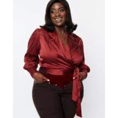 Blusa occidental única vintage borgoña envolvente con tachuelas manga larga XL/14 Foto 1 de 4