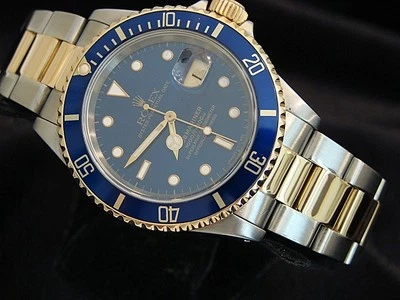 Часы Rolex Submariner дата 18 карат желтое золото и сталь синий циферблат и ободок Sub 16613 - Изображение 1 из 4
