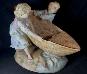 Porzellan Figur Junge & Mädchen ziehen ein Boot viktorianisch Biskuit - Bild 1 von 19