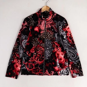 Onque Casual Track Jacket Womens Sz Medium Black Red Floral Velour Zip Up - Picture 1 of 8