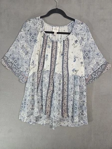 Knox Rose Womens XL Peasant Shirt Blue Pink Floral Sheer Scoop Cottagecore Boho - Picture 1 of 8
