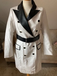 RARITÄT Toller Kunstleder Mantel Gr M Creme / Schwarz mit Gürtel EDEL & SEXY Top - Bild 1 von 17