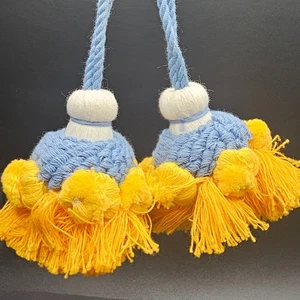 2 Quaste Raffhalter Gardine Fransen Kordel orange blau Holz verspielt Landhaus Vintage - Bild 1 von 5