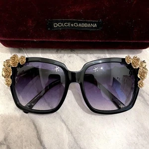 Dolce & Gabbana Rose Baroque Sunglasses, Black and Gold, Floral Motif - Picture 1 of 8