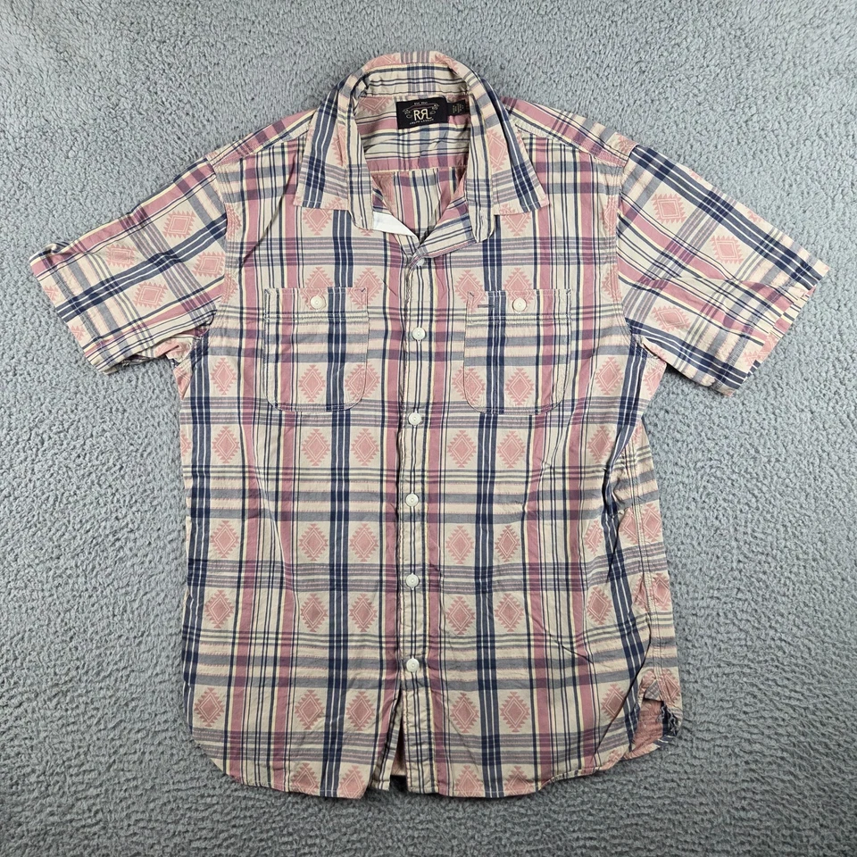 RRL Shirt Mens L Polo Ralph Lauren Aztec Jacquard Madras Workshirt Pink Western - Image 1 of 4