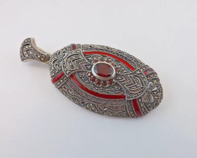 SPILLA-CIONDOLO ARGENTO GRANATI SMALTO MARCASSITE SILVER BROOCH-PENDANT - Immagine 1 di 4